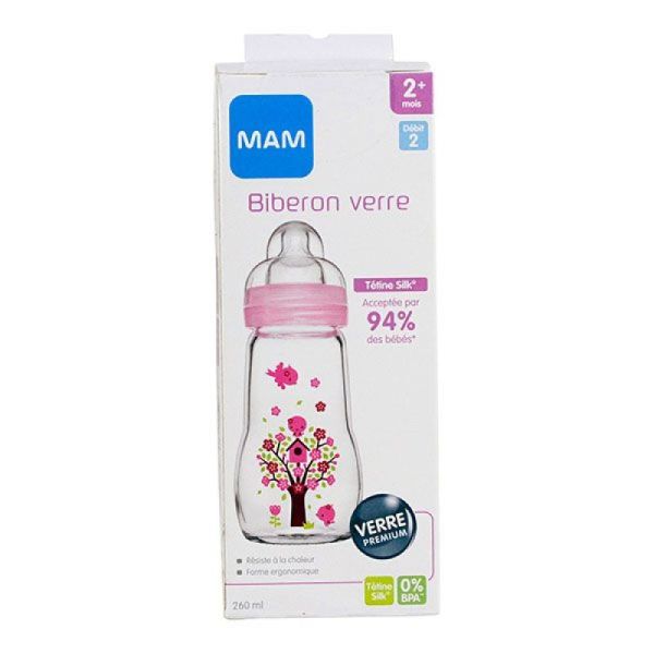 Biberon verre +2 mois 260ml rose