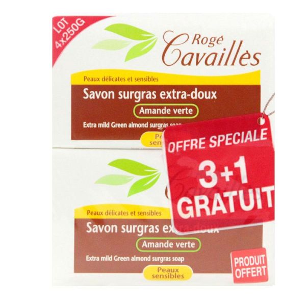 Savon surgras extra-doux amande verte 3x250g + 1 offert